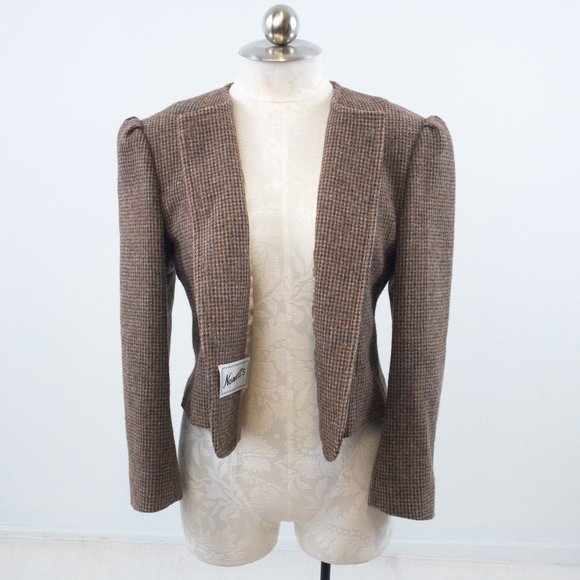 Vintage 70s M Cropped Tweed Blazer Jacket Brown - Picture 8 of 12